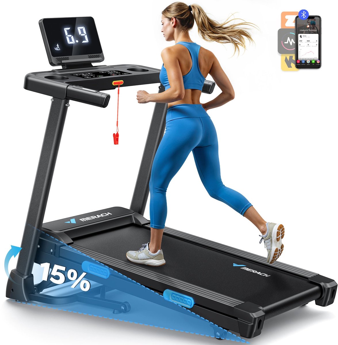 MERACH Opvouwbare loopband - Elektrische helling 15% - Snelheid 0.8-12 km/h - Motor 1.25CHP - Bluetooth APP Verbonden