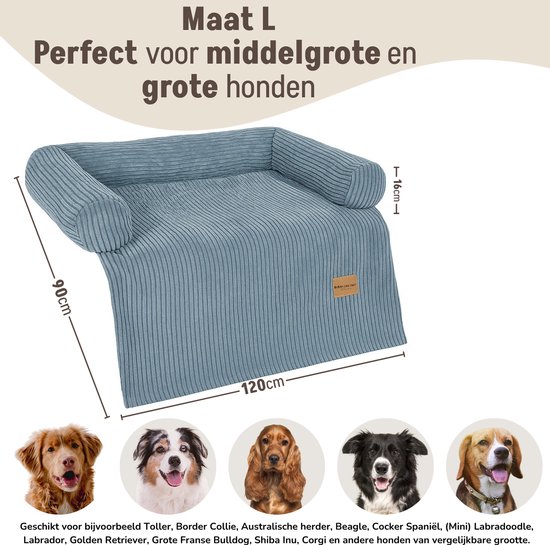 Maat L van de grijze hondenbank van ribstof, met afmetingen 120x90x16 cm. Vijf honden op een rij.