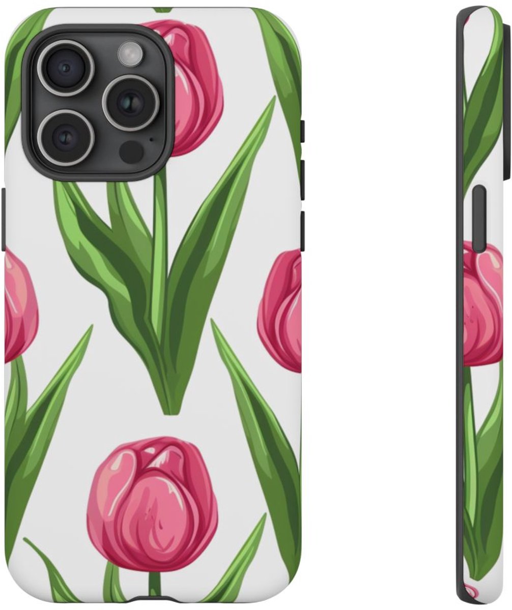 Roze Tulp Bloemenpatroon – Telefoonhoesje Geschikt voor iPhone 15 Pro Max