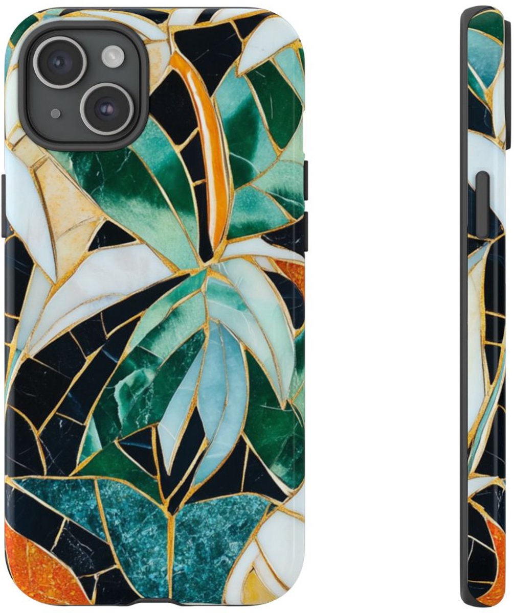Tropisch Bladmozaïek met Gouden Accenten – Telefoonhoesje Geschikt voor iPhone 15 Plus