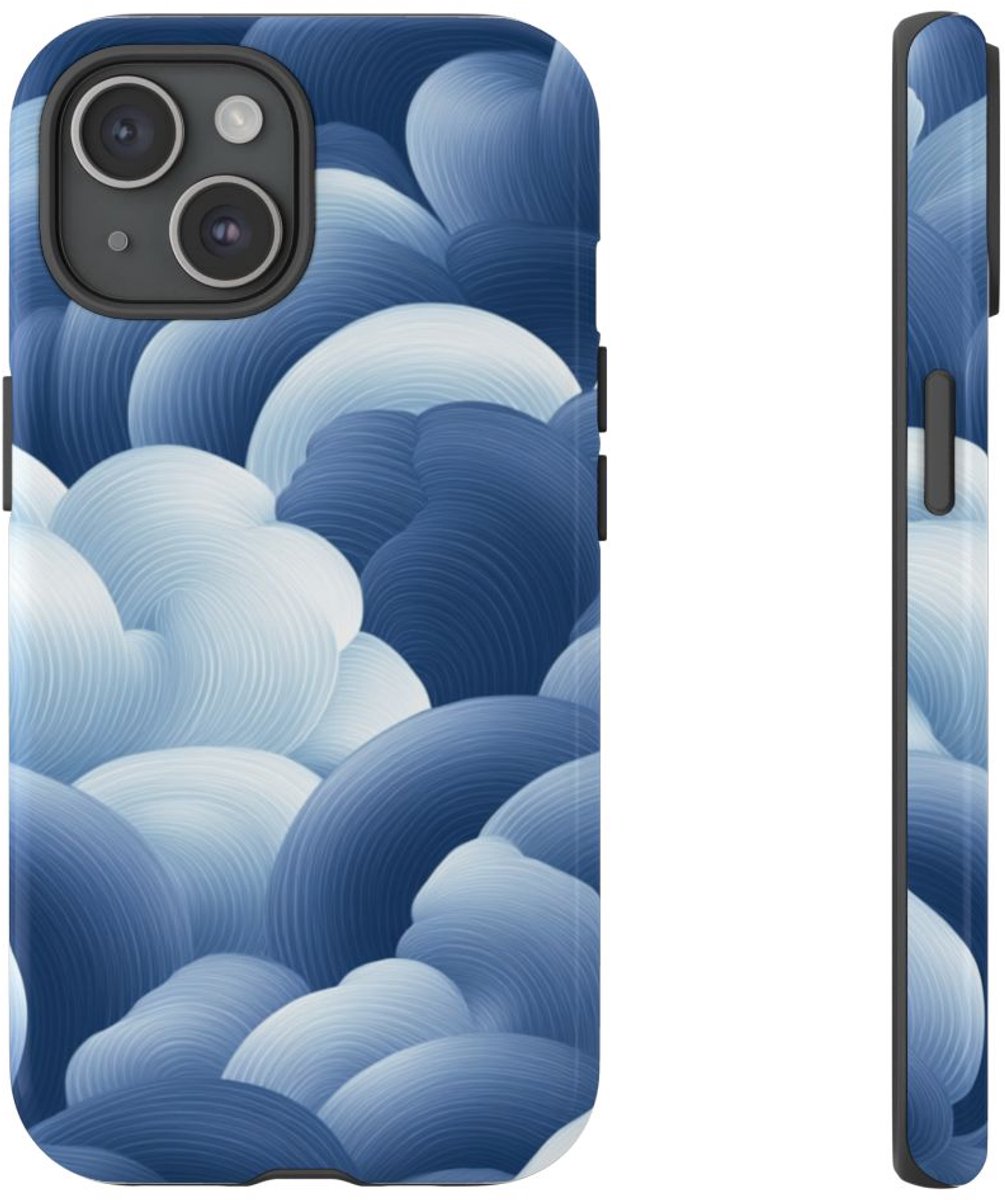 Blauw-Wit Wolkenpatroon – Glanzend Stevig Telefoonhoesje Geschikt voor iPhone 15