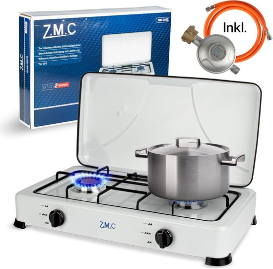 Z.M.C gasfornuis Campingfornuis 2-pits gasfornuis Kookplaat incl. slang + regelaar, voor propaan LPG-gasfles, 2,2 kW per brander, geschikt voor 30 mbar - 50 mbar, met afneembaar deksel, voor buitengebruik — afbeelding 3