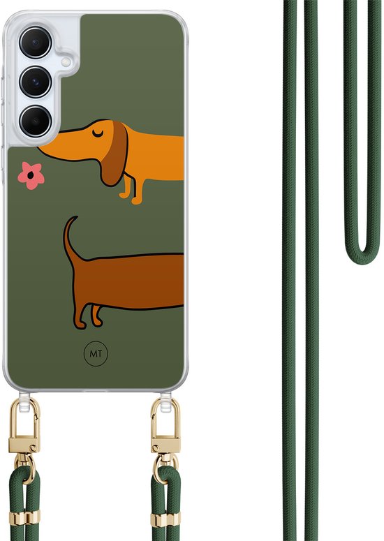 Coque de téléphone transparente avec fond vert et deux teckels. Inclut un cordon vert avec des clips dorés.
