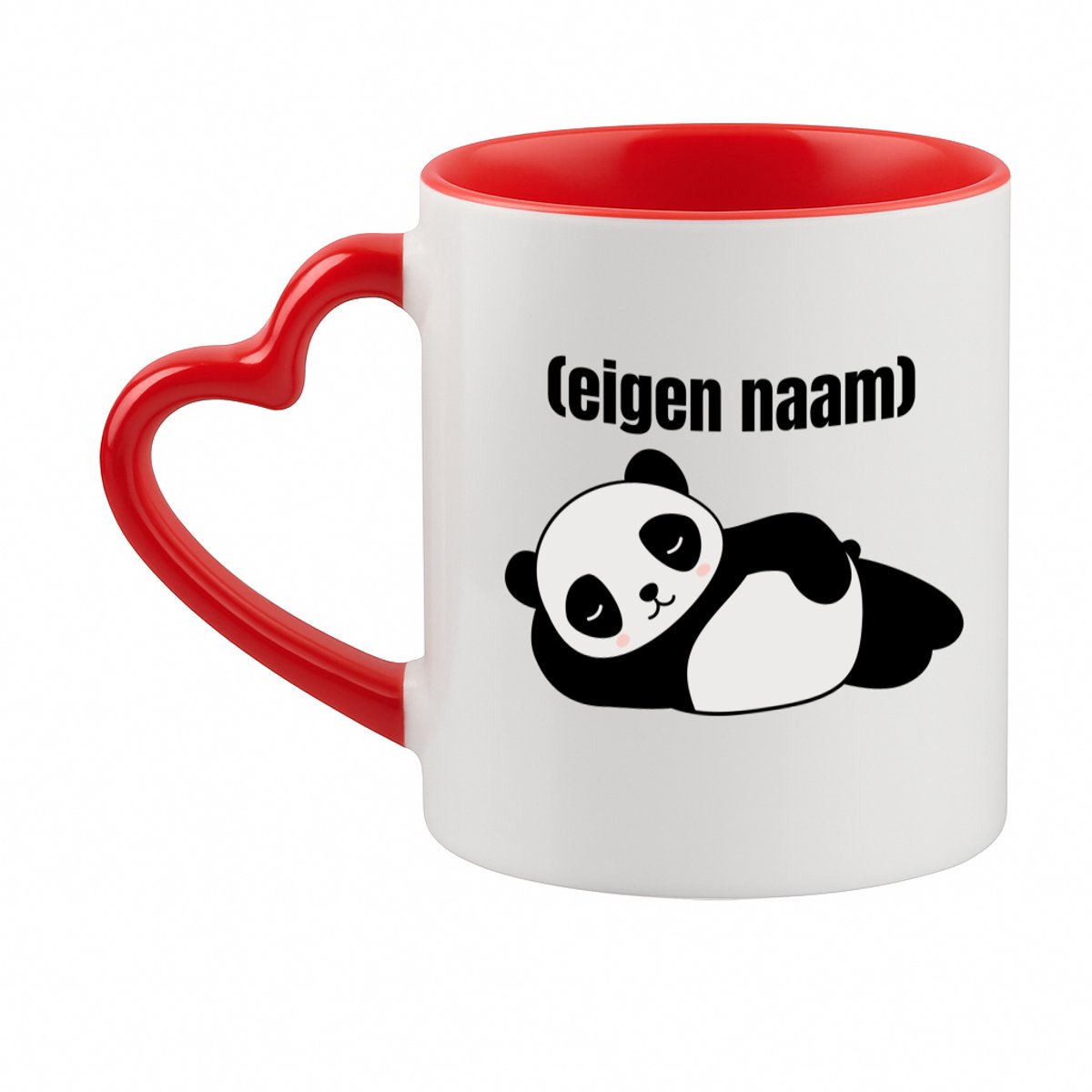 Hacebo® - liggende panda met eigen naam koffiebeker met hart oor rood - Panda - panda liefhebbers - thee mok - koffie beker - iemand die houdt van panda's - verjaardag - cadeau - kado - koffiemok - 330 ML