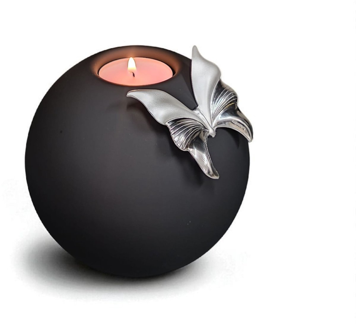 Mini Urn met kaarshouder - Glas - Handgemaakt - Zwart / Zilver - 500 ml - Urn voor mensen - Urn voor dieren - Incl. deksel, kaarsje & aszakje - verzilverde vlinder (.925)