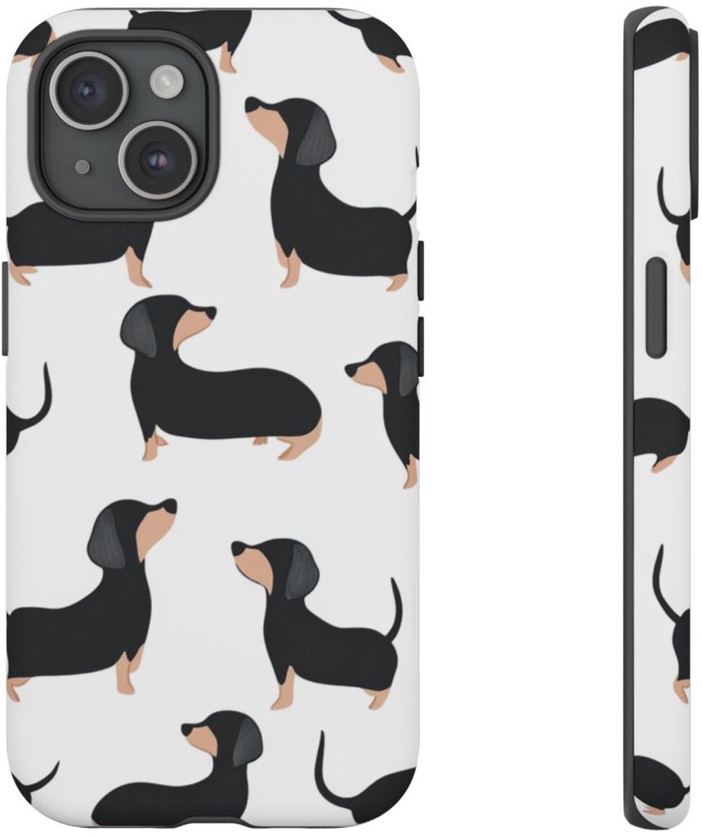 Minimalistisch Zwart met Bruin Teckelpatroon – Telefoonhoesje Geschikt voor iPhone 15