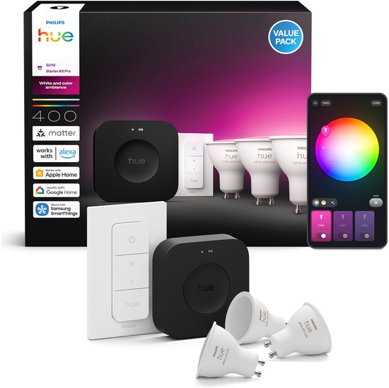 Philips Hue starterkit - wit en gekleurd licht - 1 Bridge Pro - 3 lampen GU10 400 lumen - 1 dimmer witch