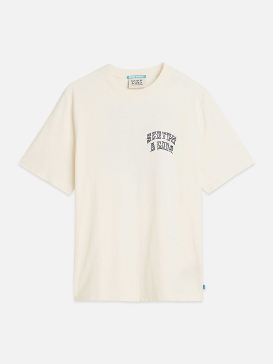 Crèmekleurig T-shirt met korte mouwen en een blauw 'SCOTCH & SODA' logo op de borst.