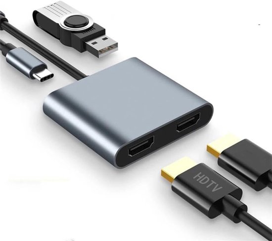 Een zilverkleurige USB-C naar Dual HDMI-adapter met een USB-A-poort en twee HDMI-kabels.