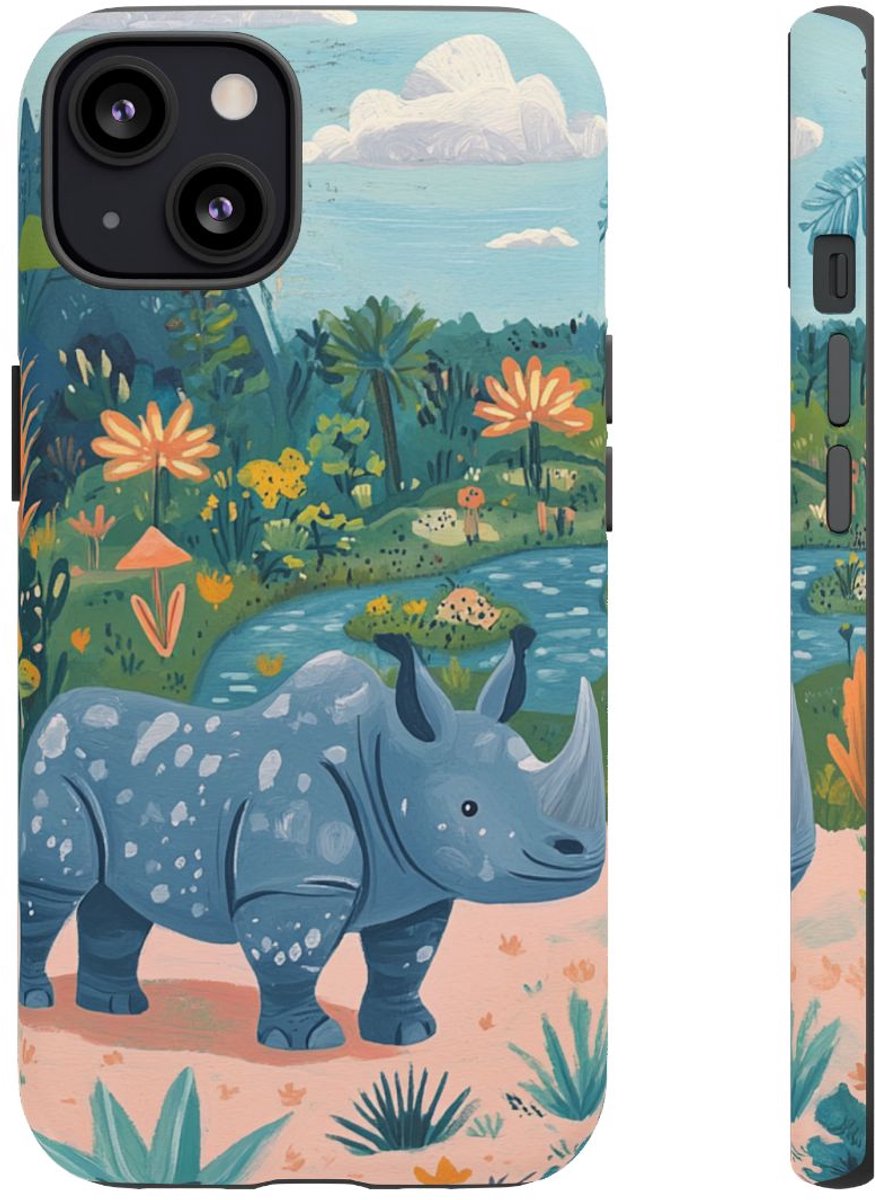 Blauwe Neushoorn Illustratie – Telefoonhoesje Geschikt voor iPhone 13
