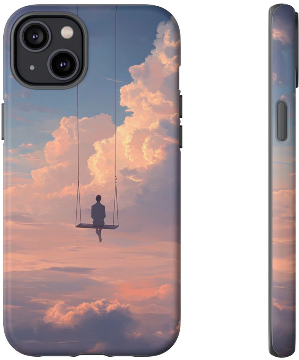 Persoon op Schommel Boven de Wolken – Telefoonhoesje Geschikt voor iPhone 14 Plus