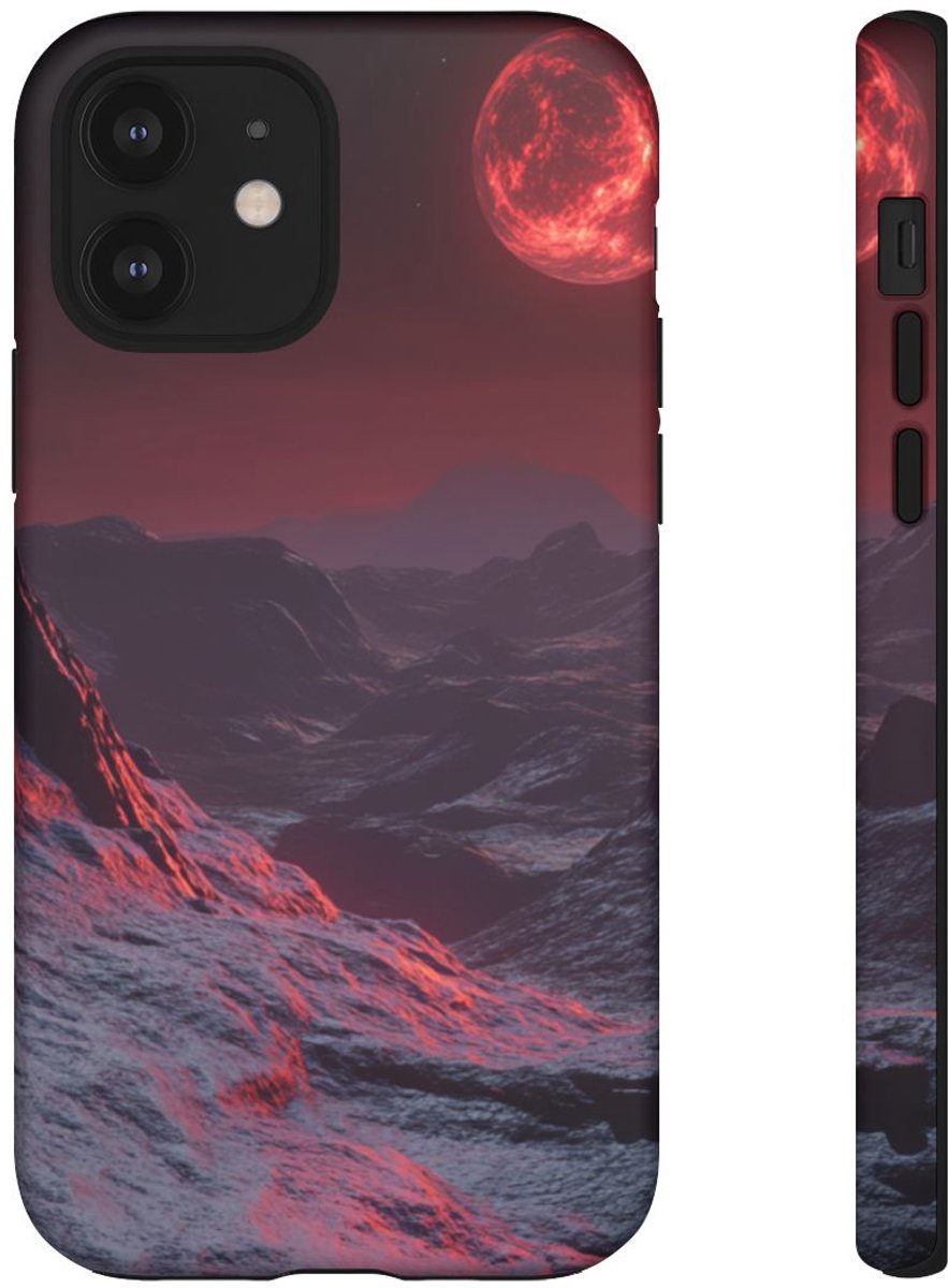 Bergachtig Landschap met Rode Maan – Telefoonhoesje Geschikt voor iPhone 12