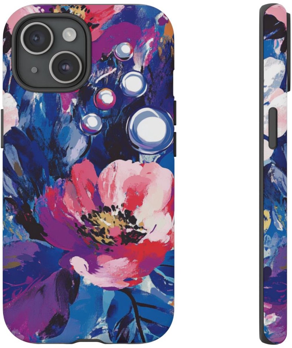 Abstracte Bloemenimpressie met Parelaccenten – Telefoonhoesje Geschikt voor iPhone 15