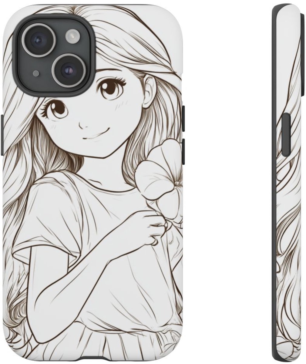 Meisje met Winde Bloemen Lijntekening – Telefoonhoesje Geschikt voor iPhone 15