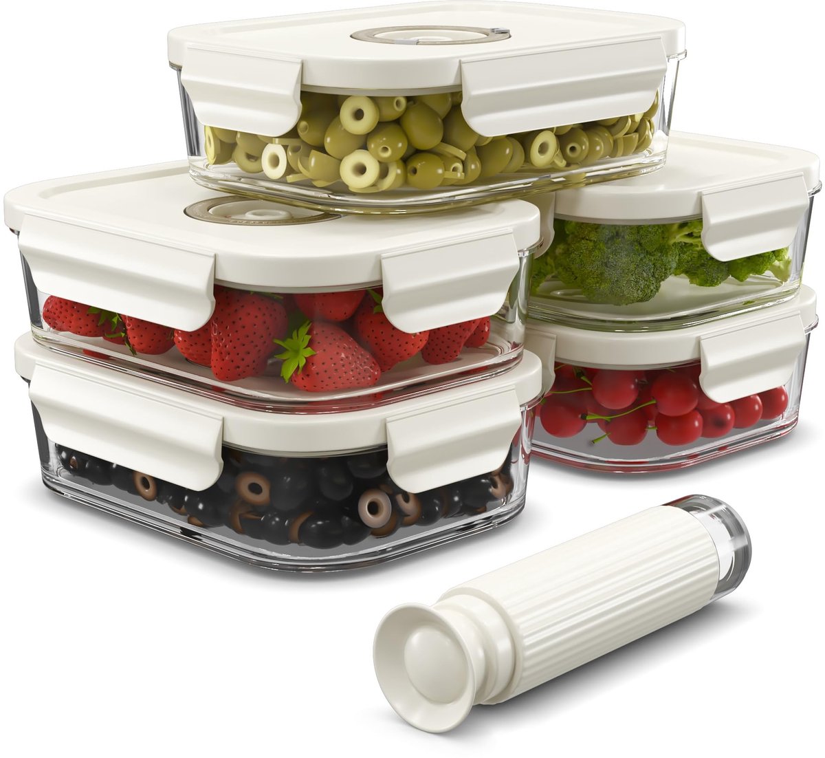 Unieke Impression glazen vacuüm voedselcontainers met datumtracker en pomp, luchtdichte vacuümcontainers met deksels, oven-, magnetron- en koelkast-/vriezerbestendig, lekvrij, verpakking van 5
