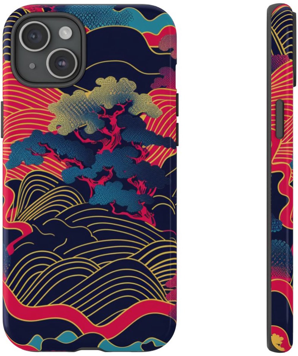 Neon Japanse Landschapspatroon – Telefoonhoesje Geschikt voor iPhone 15 Plus