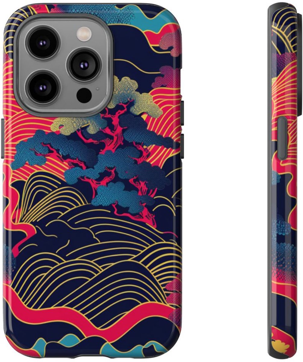 Neon Japanse Landschapspatroon – Telefoonhoesje Geschikt voor iPhone 14 Pro