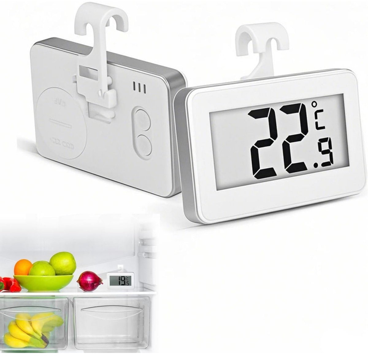 EXCITAT 2 stuks - Thermometer - Koelkastthermometer - Kleine thermometer - Geschikt voor koelkasten, binnen en buiten, restaurants, bars, cafés - 6*4cm - Wit