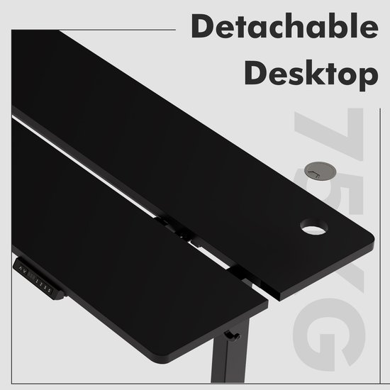 Zwart bureau met USB-A en USB-C poorten, draadloze telefoonoplader en Apple Watch oplader.
