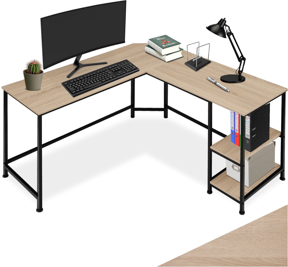 tectake® L-vormig bureau - Hoekureau - Computerbureau met 2 planken - Bureautafel van hout en metaal - Industrieel design - Zwart metalen frame - Draagkracht bureaublad 150 kg per plank 50 kg - Afmetingen (LxBxH) 138 x 138 x 75,5 cm - Lichtbruin