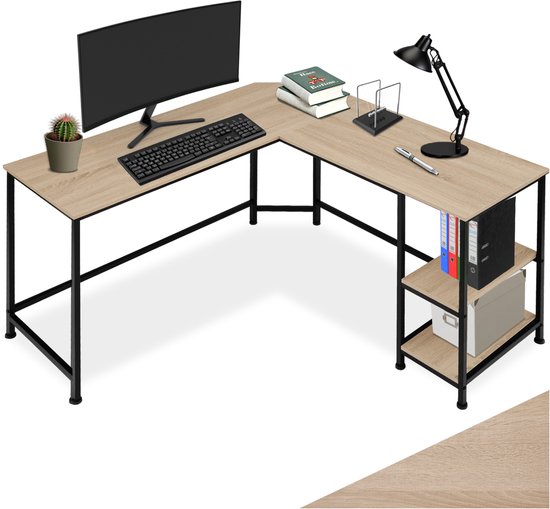 Foto: Tectake l vormig bureau hoekureau computerbureau met 2 planken bureautafel van hout en metaal industrieel design zwart metalen frame draagkracht bureaublad 150 kg per plank 50 kg afmetingen lxbxh 138 x 138 x 75 5 cm lichtbruin