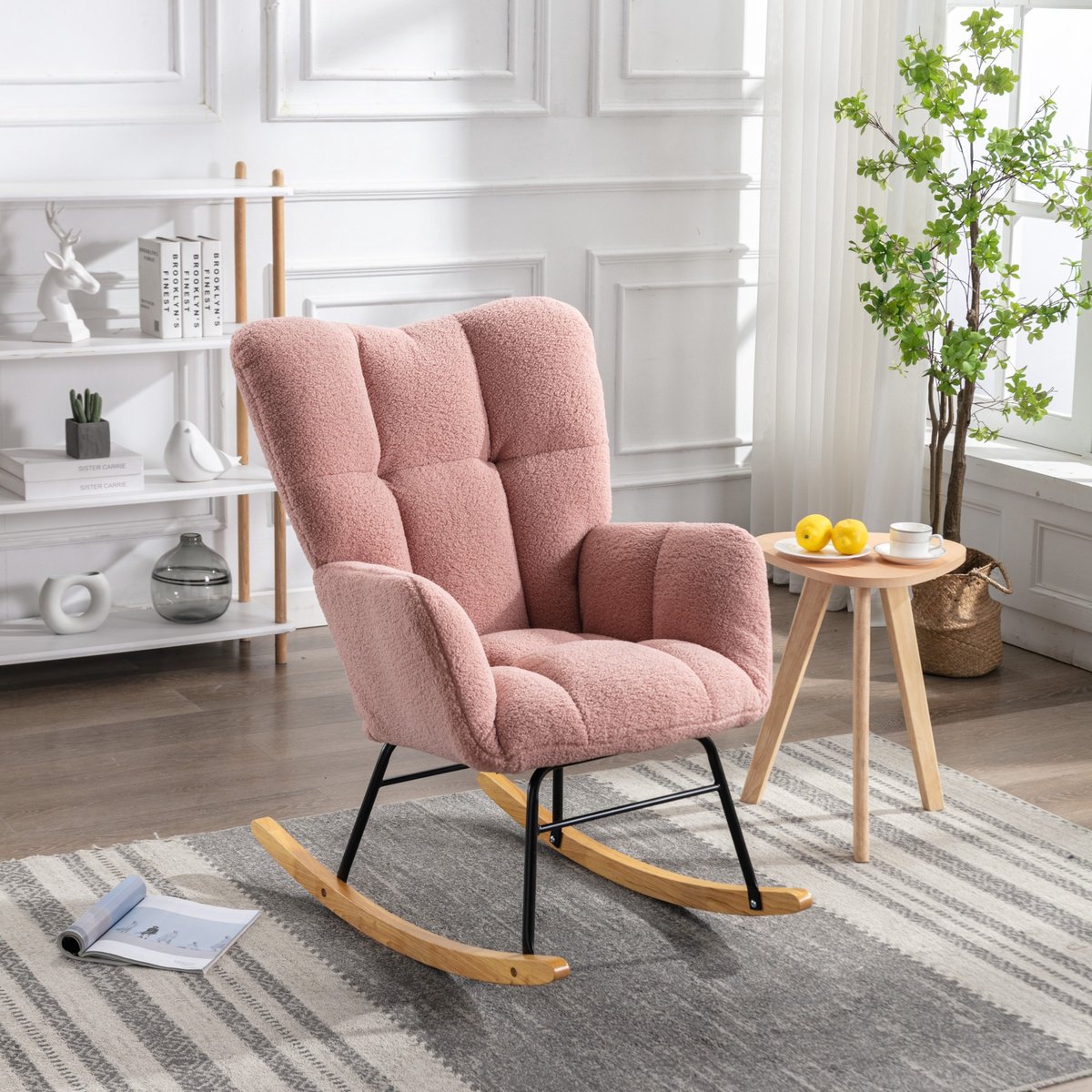 Sweiko Schommelstoel - Teddyfluweel - Zacht beklede zitting - Metalen frame - Roze