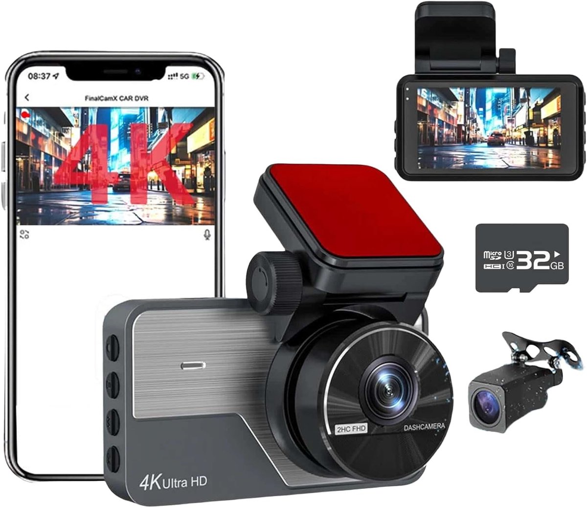 4K + 2K Full HD Dash Cam, voor- en achterkant, groothoek, nachtzicht, 24/7 parkeermodus, ingebouwde wifi, 3 inch scherm, 32 GB