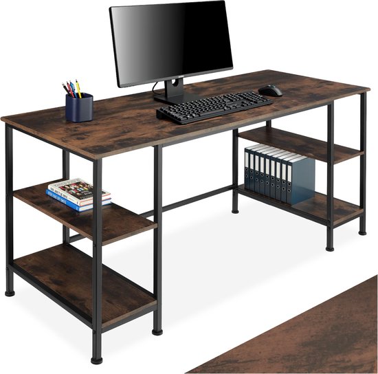 tectake® Bureau - Computerbureau met 4 planken - Bureautafel van hout en metaal - Industrieel design - Zwart metalen frame - Draagkracht bureaublad 150 kg per plank 50 kg - Afmetingen (LxBxH) 137 x 55 x 75 cm - Donkerbruin