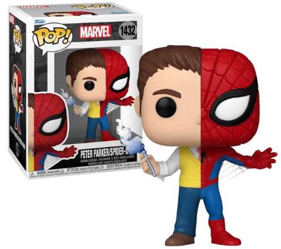 Peter Parker/Spider-Man Funko Pop #1432 met gespleten gezicht, de ene helft Peter Parker, de andere Spider-Man.