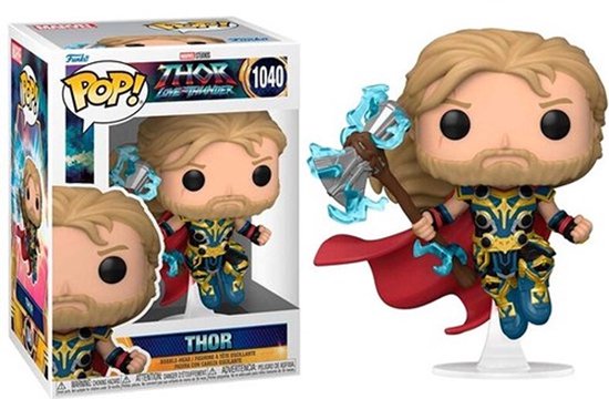 Funko Pop Thor met blonde haren, baard, rood cape en blauw-gouden pantser, met Mjolnir in zijn hand, naast de verpakking.