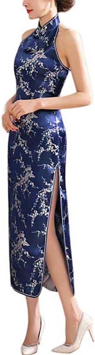 Allecto Plus - Halternek Mouwloze Cheongsam Mandarin Kraag Zijdelingse Split lange Qipao Feestjurk Kleding voor Dames