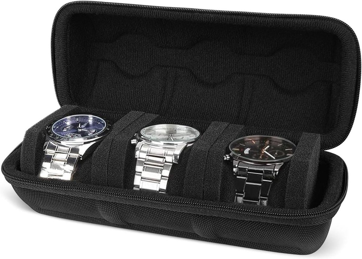 Allecto Plus - Horlogebandje met 3 sleuven en EVA-horlogehouder - Horlogeopbergdoos voor mannen en vrouwen - Zwarte horlogekoffer met afneembare spons - Sieradendoos voor horloges