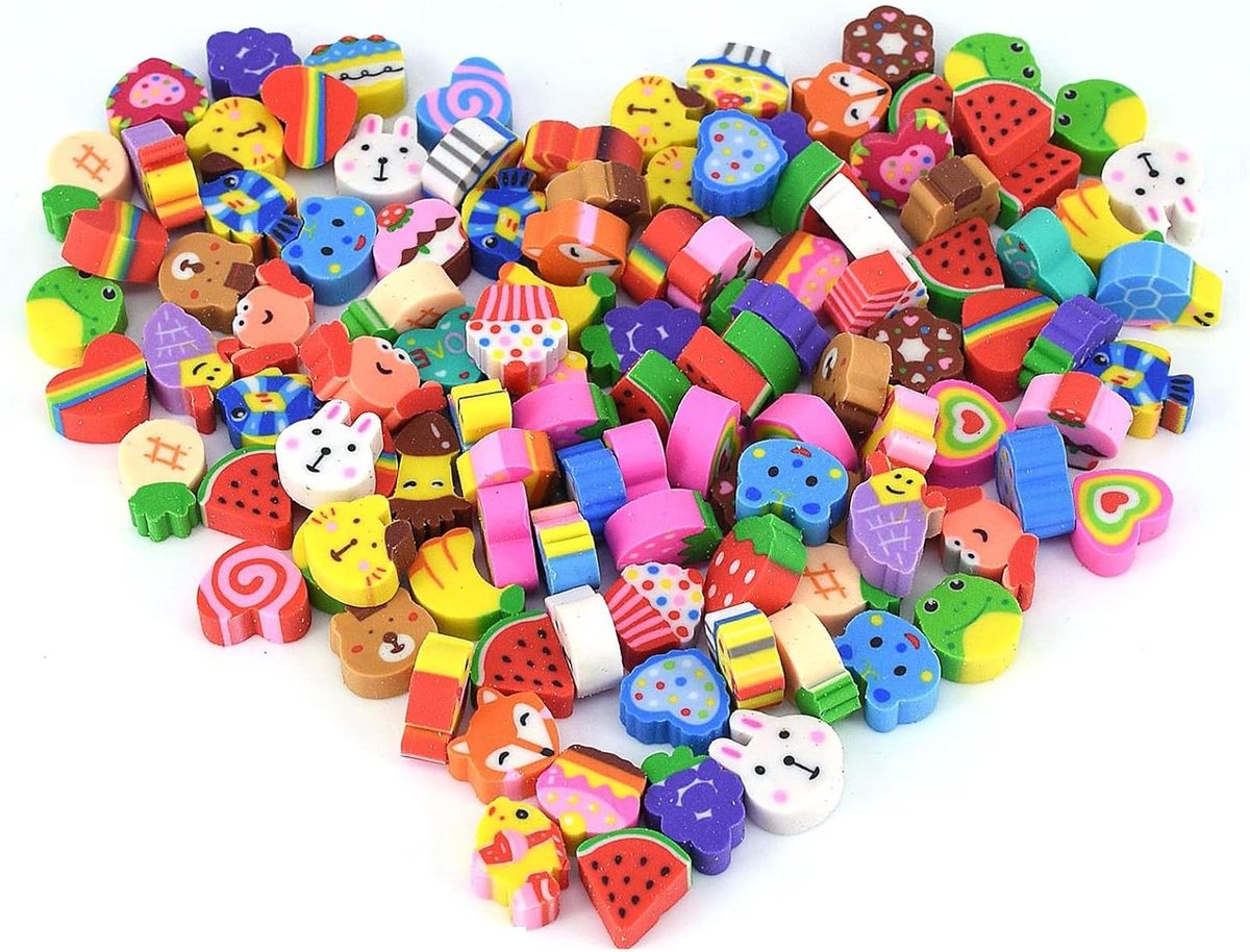 Set van 150 schattige dierlijke gummen voor kinderen - Schoolartikelen - Gummetjes met diverse dierenprints