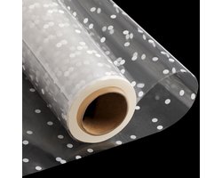 Product afbeelding van Allecto Plus - Doorzichtige cellofaanwikkelrol witte stip - 30 m x 86 cm - Bloemistpapier - Transparant - 3 mil - Dikkere cellofaanrol - Geschenkmanden wikkel - Cellofaanfolie voor geschenken - Bloemen - Kerstmis - Feestdagen.