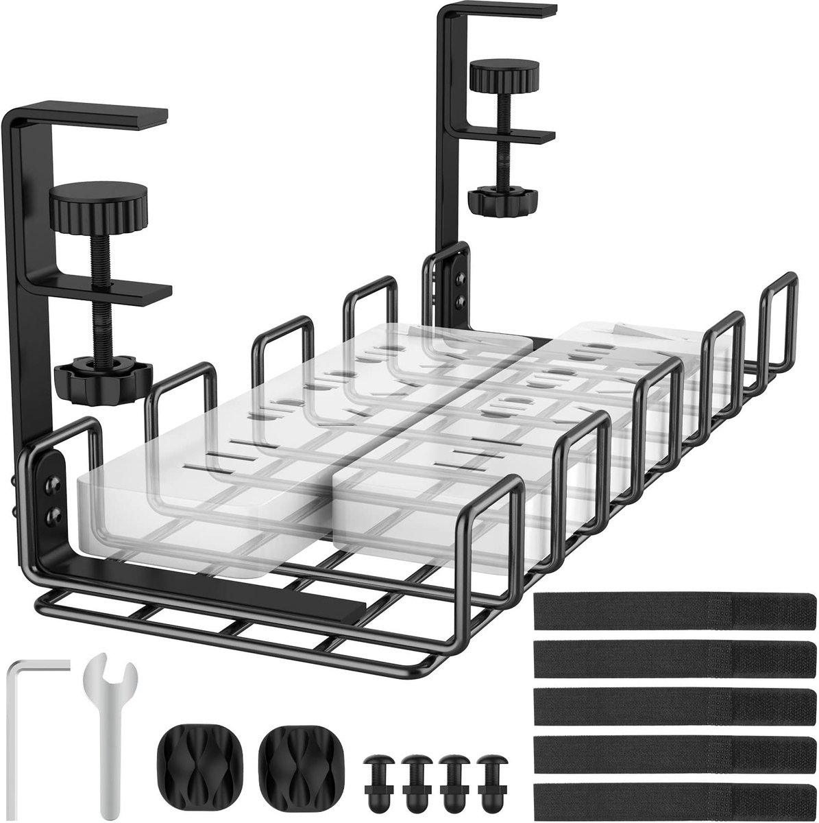 Ibenzoa® Kabelbeheerder zonder boren voor onder het bureau, stabiele metalen kabelhouder met klemmen, zwart