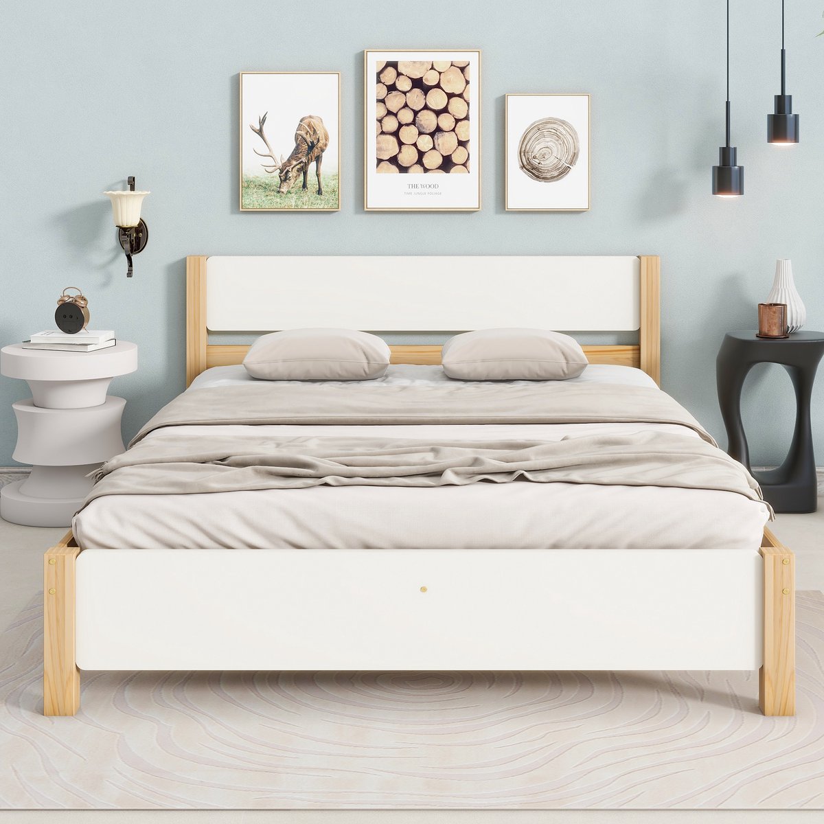 SINGULARITY Tweepersoonsbed - Houten bed - met middenvoet - Dennenhouten bedframe - Wit + Naturel - 140x200 cm - Geen matras