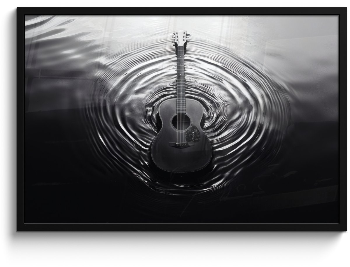 FrameYourWall Poster in lijst - Fotolijst 90x60 cm - Posters - Gitaar - Hout - Water - Posterlijst zwart - Decoratie - Wanddecoratie woonkamer - Muurdecoratie slaapkamer Gitaar - Water