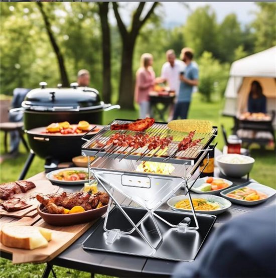 Barbecue pliable - Pour le Camping et la cuisine en plein air - Camping - Barbecue à foyer - Cuisson au bois et portable avec sac de transport - Acier inoxydable