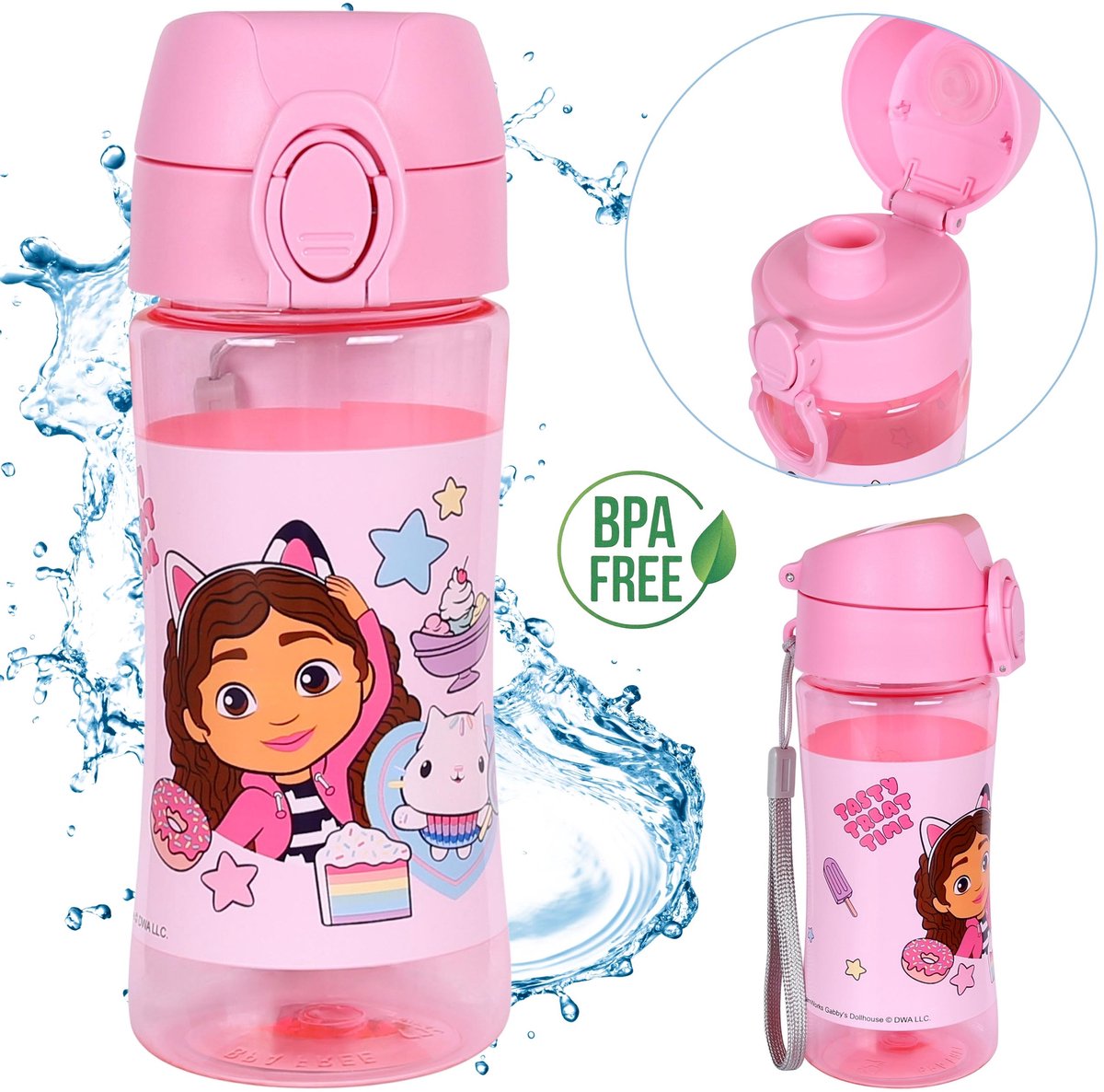 Gabby's Dollhouse Drinkfles voor kinderen WATERFLES met mondstuk, TRITAN SCHOOLFLES voor meisjes, drinkbeker voor school 450ml