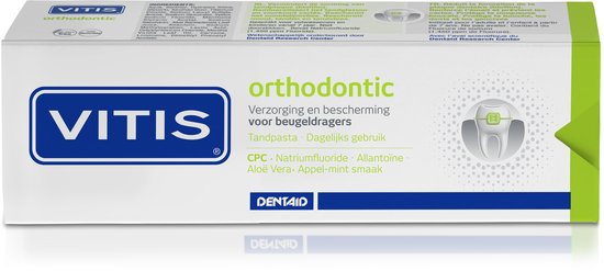 Doos VITIS Orthodontic tandpasta met productinformatie in het Nederlands en Frans. Appel-mint smaak.