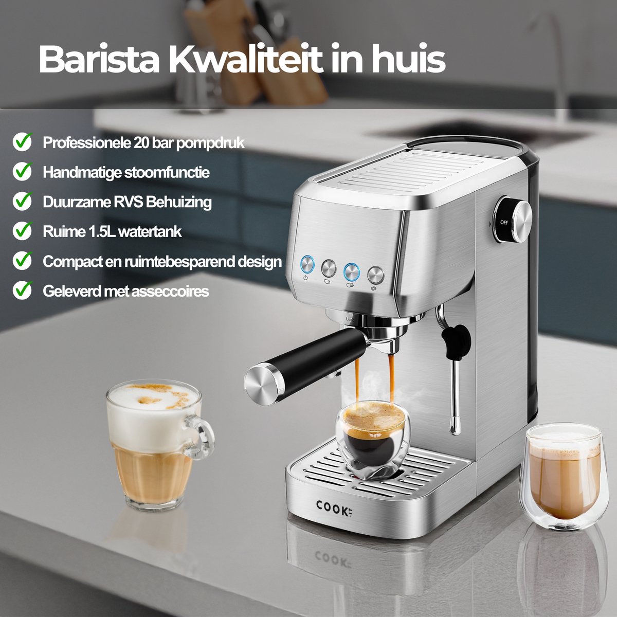 Afbeelding 2 van Espressomachine 20 Bar - Piston Koffiemachine RVS - Met Stoompijpje - Pistonmachine Espresso, Cappuccino & Latte - 1,3L Waterreservoir - COOK-IT