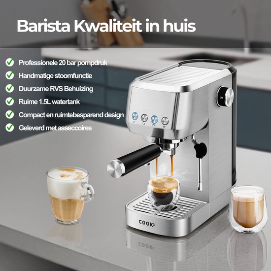 Zilverkleurige espressomachine met 'Barista Kwaliteit in huis' tekst, twee mokken koffie.
