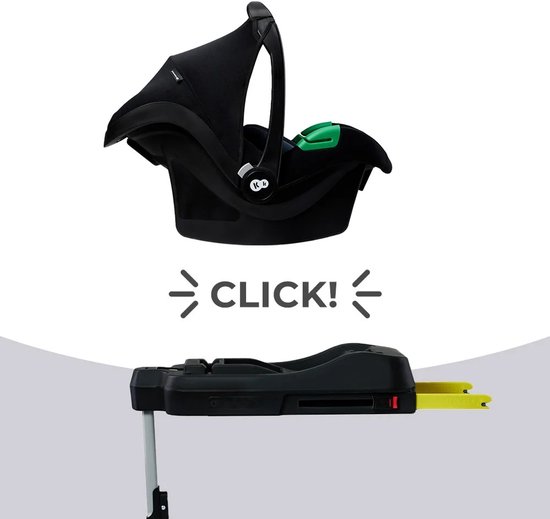 Zwarte kinderwagen-reiswieg met een bijpassende, zwarte autostoel-adapter.