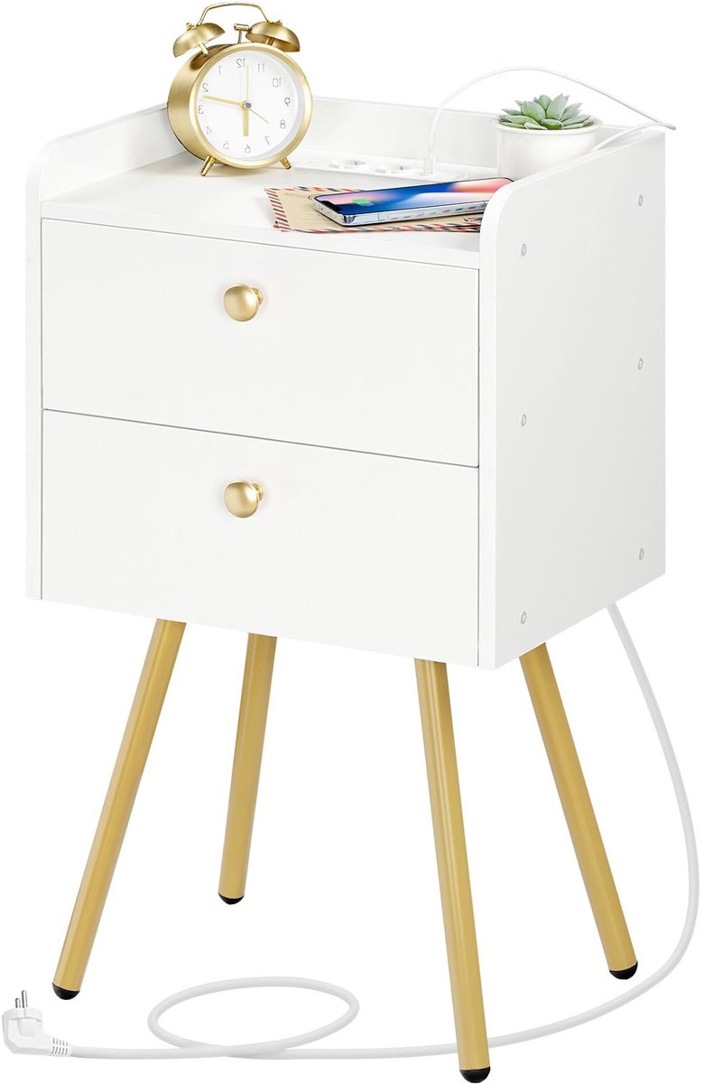 Unyqoos Nachtkastje met ingebouwd laadstation en moderne opbergruimte, wit-gouden design voor slaapkamer en woonkamer