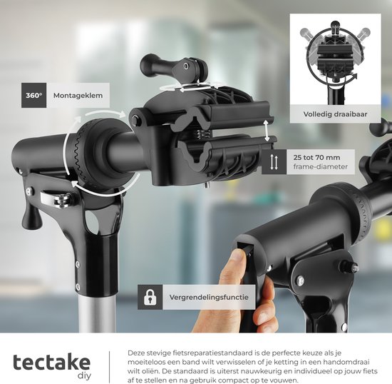 tectake® Fiets Montagestandaard - Fietsenstandaard - Fietslift - E-Bike & Fiets Reparatiestandaard - Geschikt voor alle soorten Fietsframes - Traploos Verstelbaar (117 - 180 cm) en 360° draaibaar - met Magnetische Gereedschapsbak van Tectake — afbeelding 3