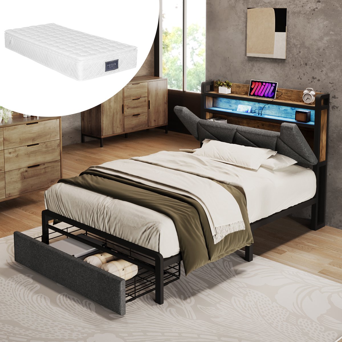 HAUSS SPOLE Gestoffeerd Bed 90x200 cm - Met Lade Opbergruimte En USB Opladen - Linnen - Gr
