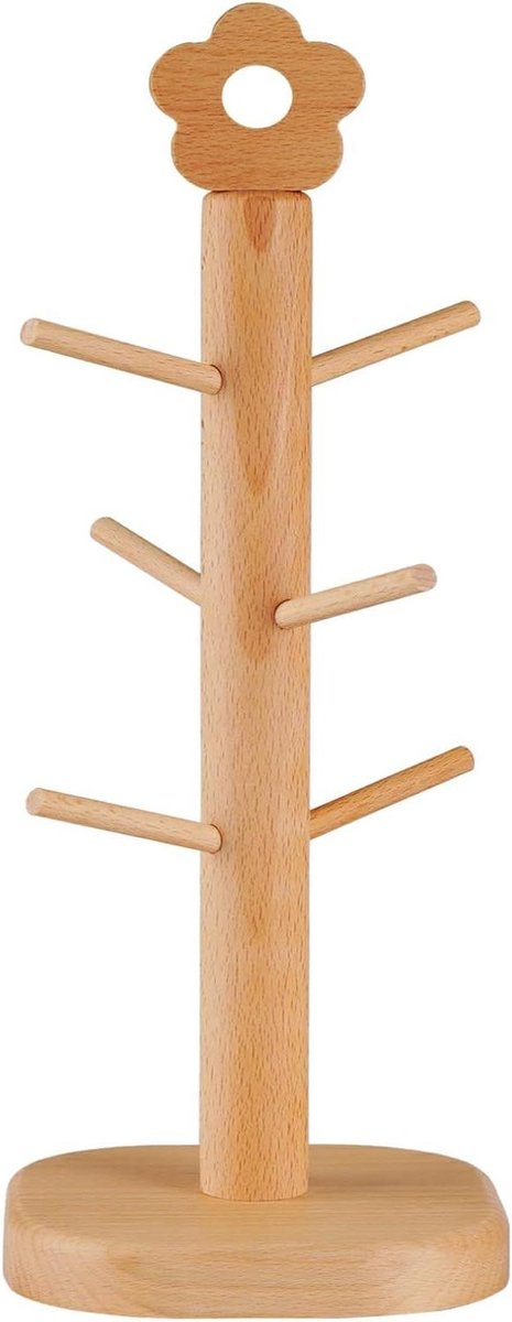 Allecto Plus - Mokkenhouder van Hout voor Koffiemokken en Theekopjes - Met 6 Verwijderbare Pinnen - Anti-slip Base - Drogen en Display Stand Organizer - Standaard voor Mokken en Glazen