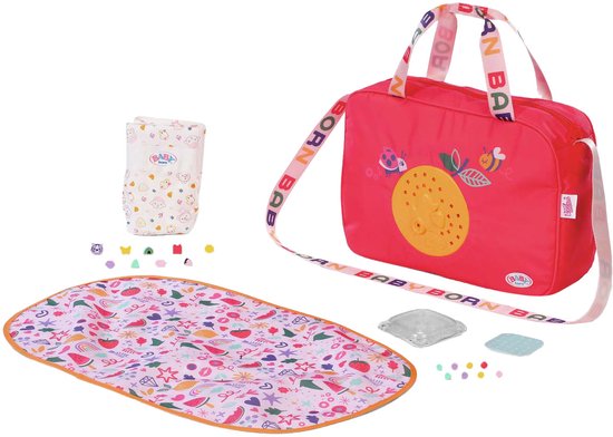 Rode luiertas met 'BABY BORN' hengsels, opdruk met bijtjes en ronde gele applicatie. Inclusief accessoires.