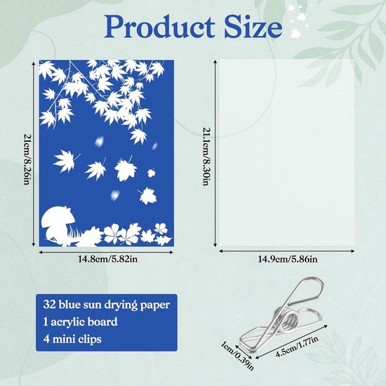 OCCOUMR 32 vellen cyanotype A5 papier met hoge gevoeligheid, zonnedrukpapier met kunststof gereedschap en clip, zonnedrukpapier voor volwassenen en kinderen, doe-het-zelf