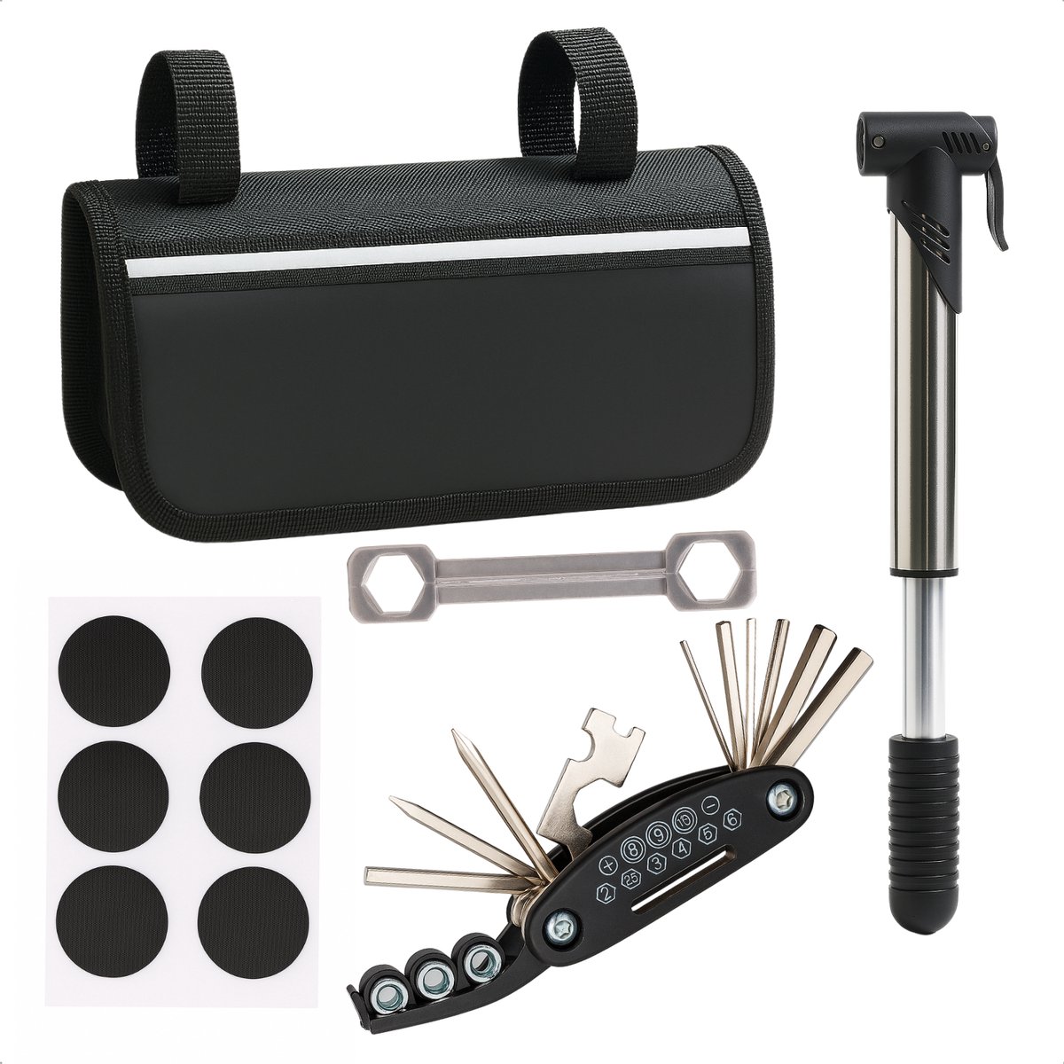 Cheqo® Fietsgereedschapset 14-Delig - Fietsgereedschap - Fietsmateriaal - Toolset - Gereedschapset - Reparatieset Fiets - Compacte Reparatieset met Mini Fietspomp - Inclusief Opbergtas